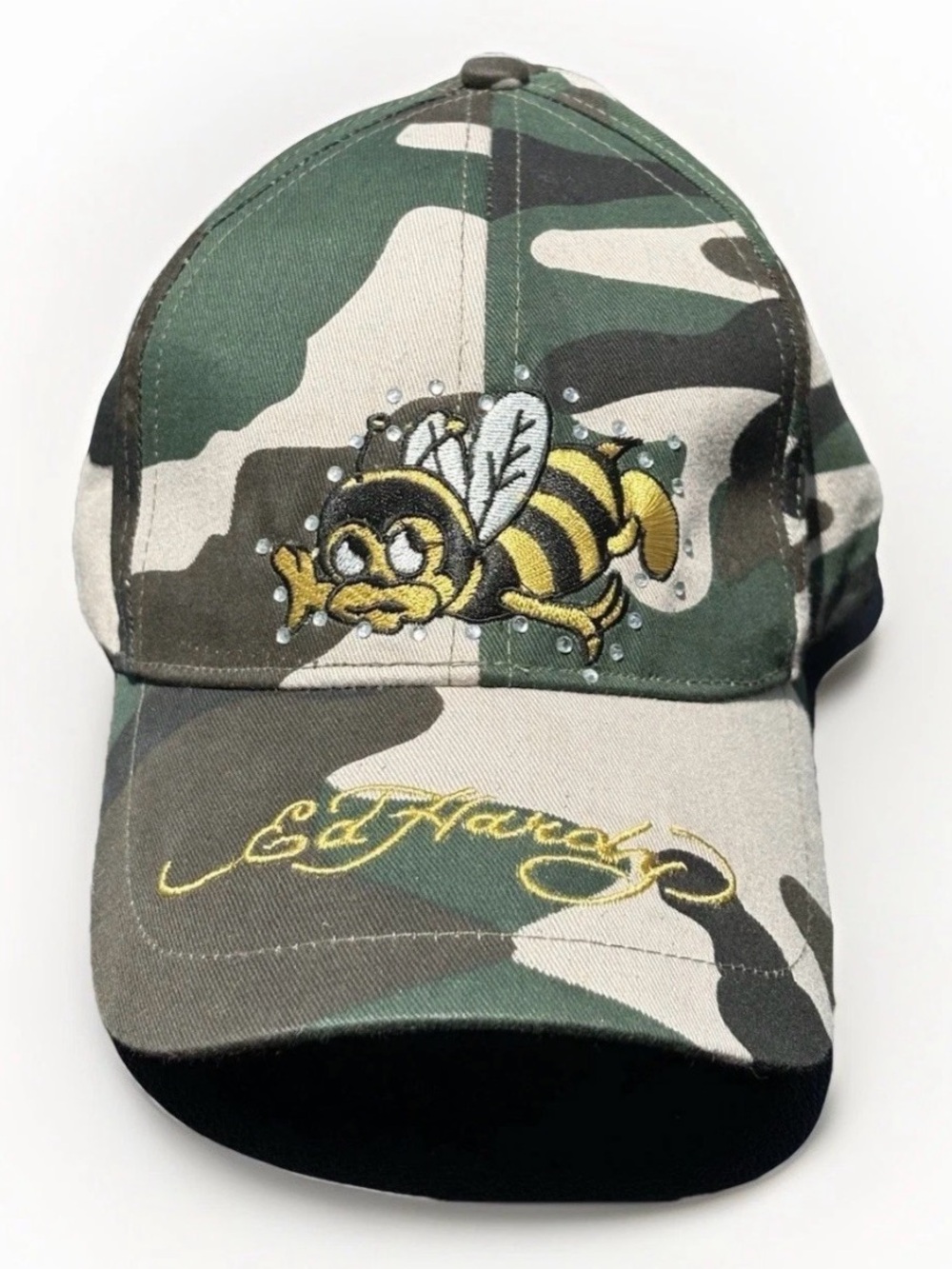 Vtg Ed Hardy Busy Bee Camo Hat Rhinestone Embroidered Cap Y2K Audigier